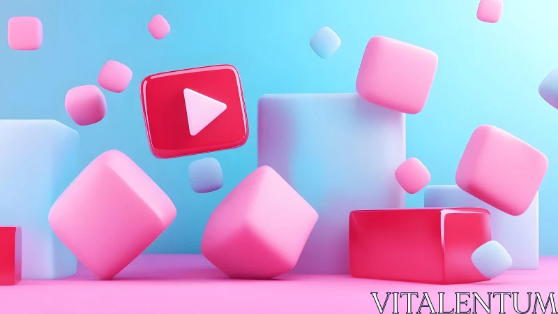 Play button cubes floating in glossy pastel 3D space.