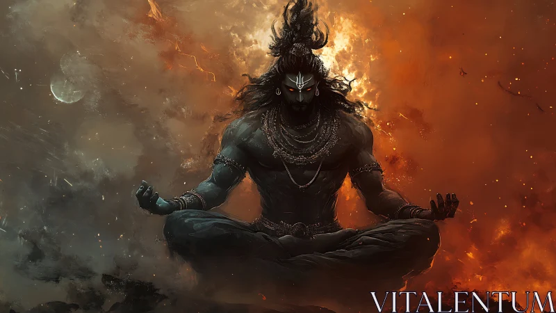 Cosmic ascetic hovers between ember storm and silent void