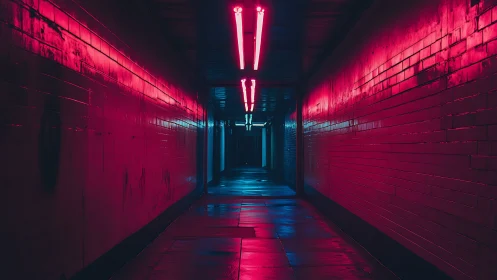 Neon tunnel corridor glows with moody cyberpunk lighting.
