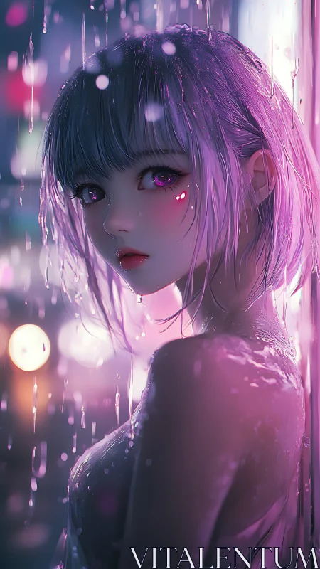 Violet rainlight wraps a neon-eyed girl in quiet wonder