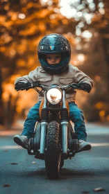 Child in helmet rides motorcycle on blurred autumn road