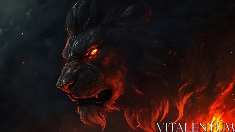 Blazing lion spirit rising from storm-darkened embers.