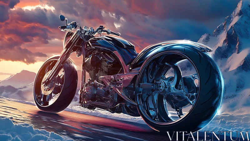 Chrome dream motorcycle cruising through painted snow peaks.