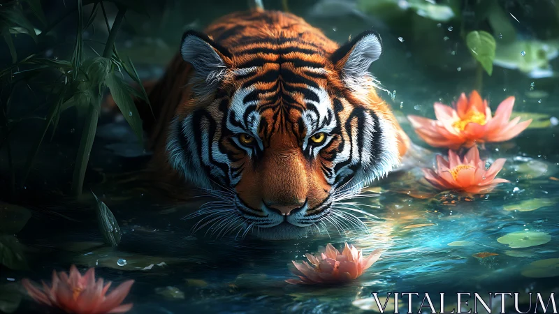 Moonlit tiger drifts through lotus-lit jungle waters