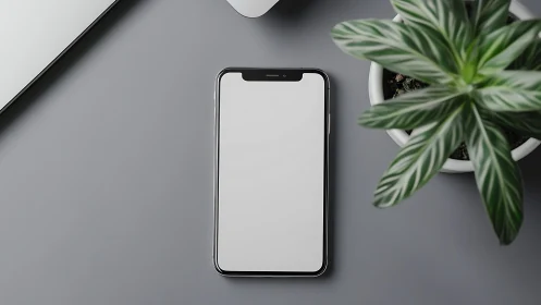 Smartphone with blank display on gray desk workspace.