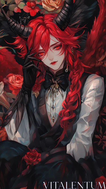 Elegant horned muse in red, wrapped in roses and mystery.