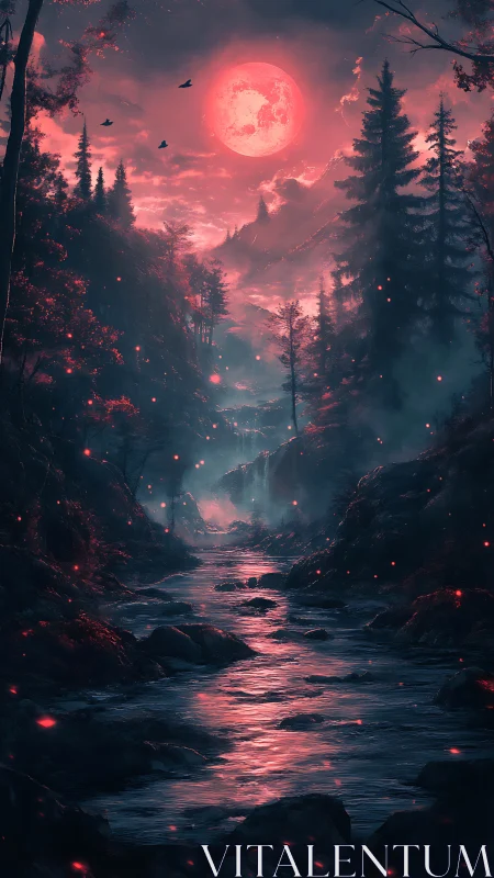 Blood moon bathes enchanted river through shadowed pines.