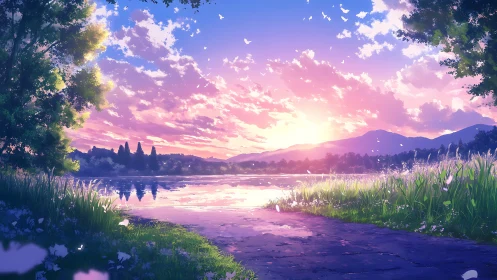 Gentle lakeside sunset wrapped in soft pastel daydreams.