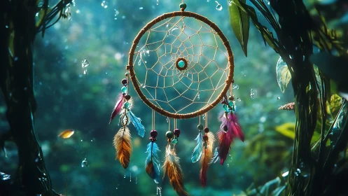 Aqua-lit feathered dreamcatcher in refracted tropical bokeh.