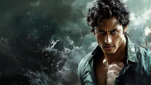 Brooding man emerges from stormlit abstract ocean