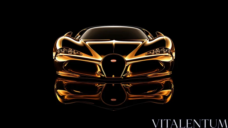 Front view of reflective gold sports car on black background.
