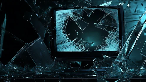 Broken CRT monitor surrounded by shattered blue glass.
