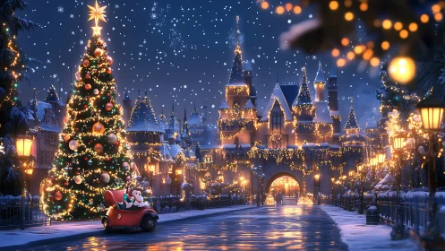 Snowy Christmas castle glows under festive lights at night