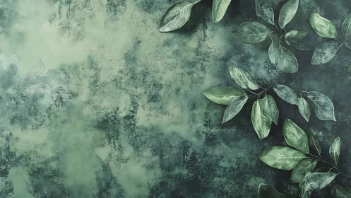 Emerald leaves line textured green concrete background.