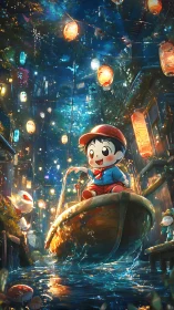 Child rows small boat through glowing lantern canal at night