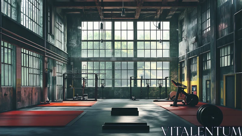 Industrial loft gym interior with dramatic window lighting design.