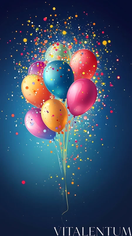 Colorful Balloons with Confetti Explosion on Dark Background.