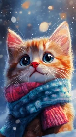 Orange and White Cat Wearing Knit Scarves. Winter Setting.