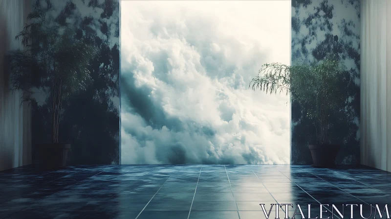 Minimalist sky portal opens from serene tiled interior room