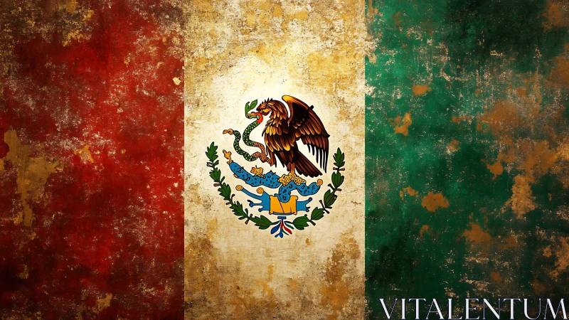 Weathered Mexican flag with central national coat of arms.