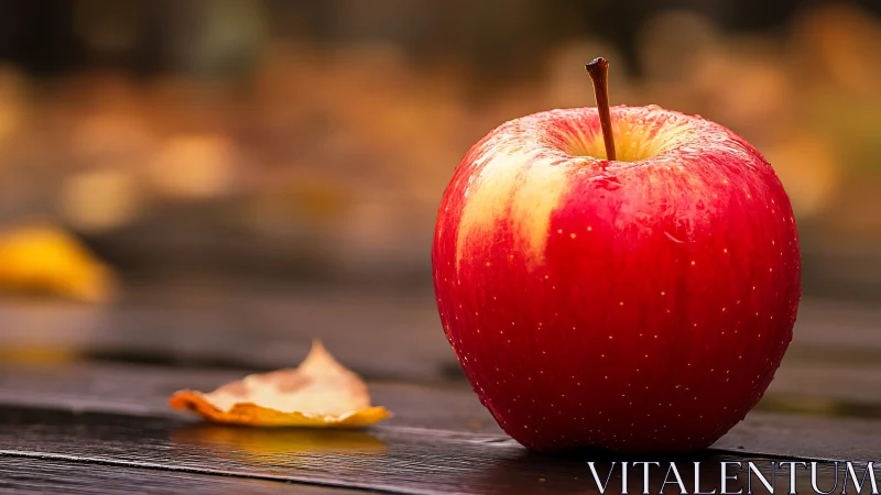 Red apple on wet wooden surface in soft autumn light.