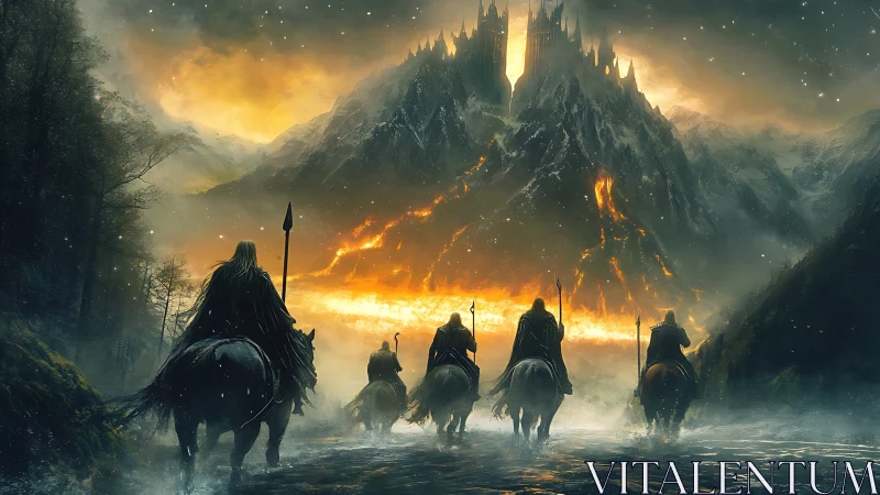 Mounted figures approach burning mountain fortress at dusk.