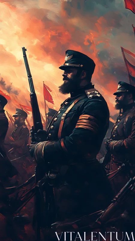 Steadfast bearded officer leading comrades into firelit sky.