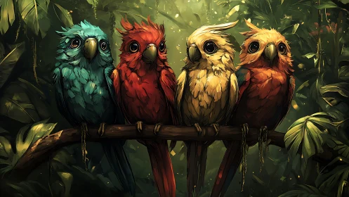Four Colorful Cartoon Parrots Perched in Lush Jungle Setting.