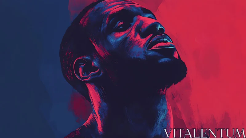 Neon-lit portrait captures upward gaze in bold duotone hues.