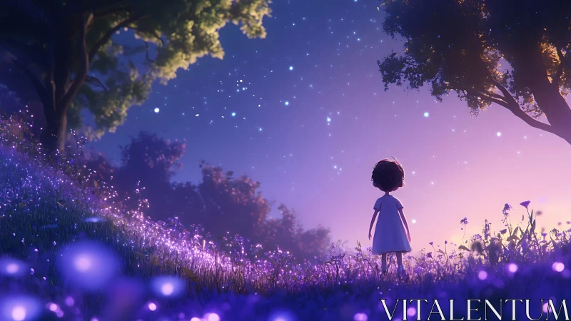 Child under starlit sky in glowing twilight meadow.