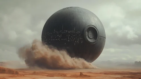 Spherical desert starship hovering low above dust storm plain