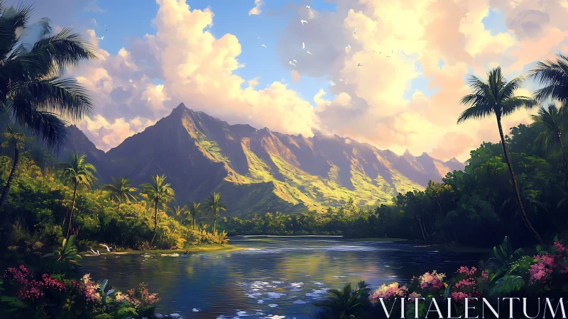 Tropical Valley at Sunrise. Mountain landscape with water.