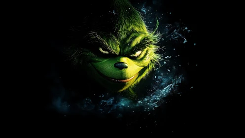 Sinister green creature portrait in dark swirling void.