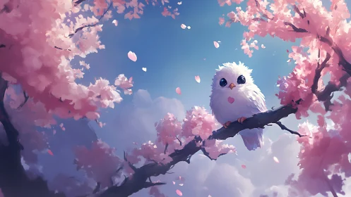 Cute White Owl on Cherry Blossom Branch in Dreamy Digital Art.