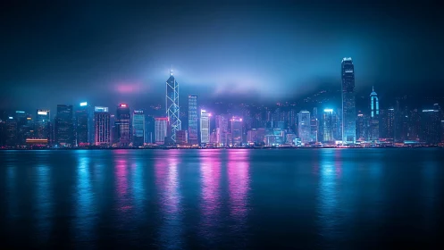 Neon-lit waterfront skyline is reflected across calm harbor