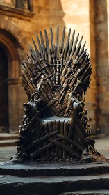 Iron sword throne sculpture in medieval stone courtyard.