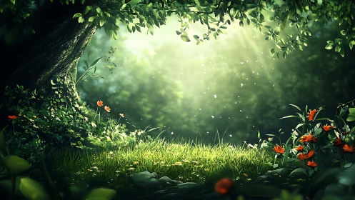 Sunlit forest glade glows with drifting petals and calm air