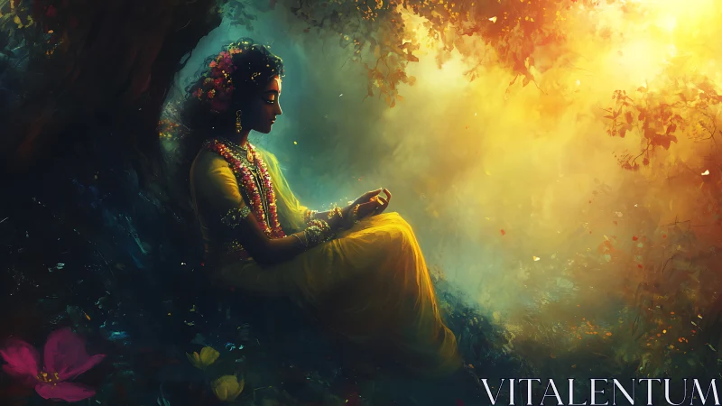 Luminous forest deity in volumetric sunrise diffusion field.