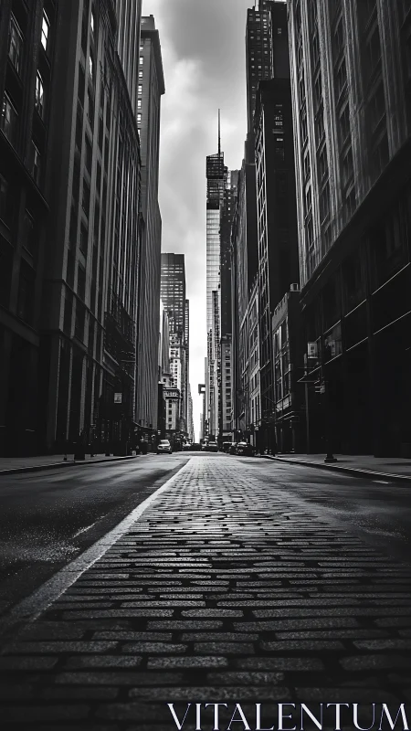 Monochrome high-rise canyon with vanishing-point brick roadway.