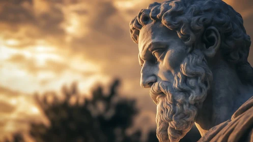 Classical marble philosopher profile in warm sunset light.