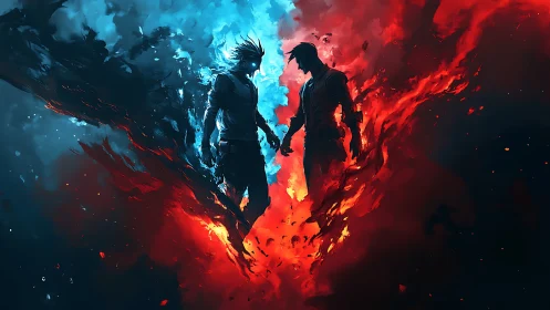 Two elemental rivals suspended in a storm of fire and ice.