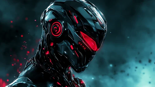 Cybernetic assassin android with red neon visor glare.