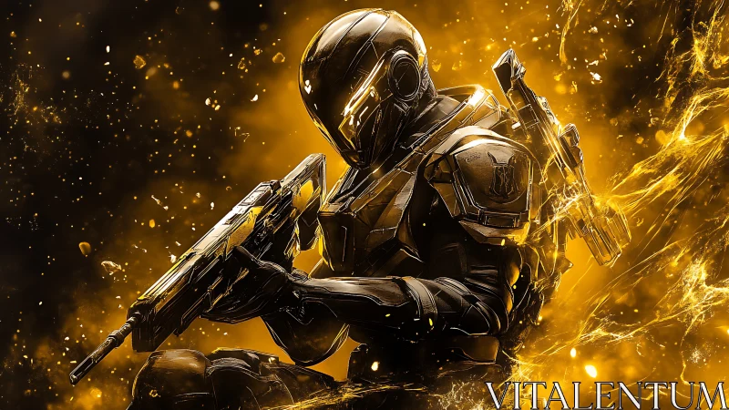 Cyber soldier grips rifle amid molten golden energy storm.