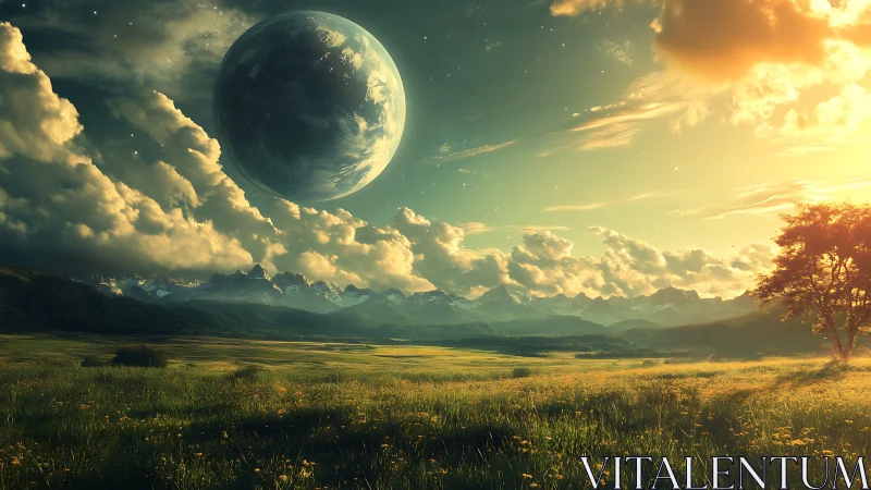 Large planet above sunlit meadow with distant mountains.