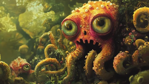 Bioluminescent octopus creature haunts a lush alien reef