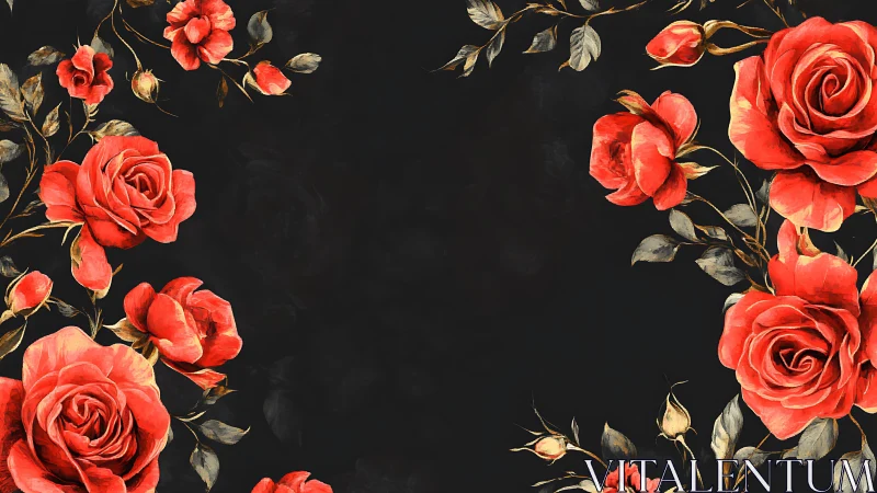 Coral Roses Dance Across Midnight Canvas in Gilded Splendor.