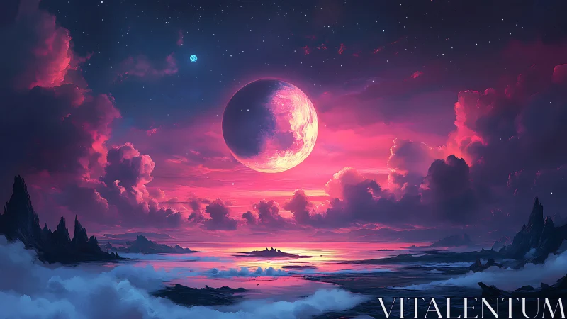 Neon moonrise over candy clouds on an alien shoreline.