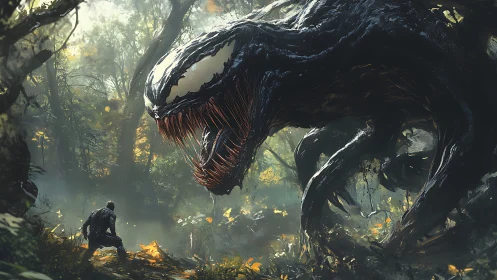 Giant black monster confronting lone figure in forest.