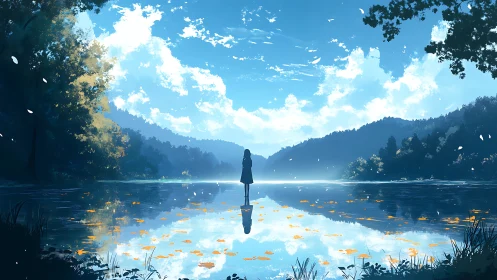 Solitary figure reflects by a tranquil mirrored lakeside scene.