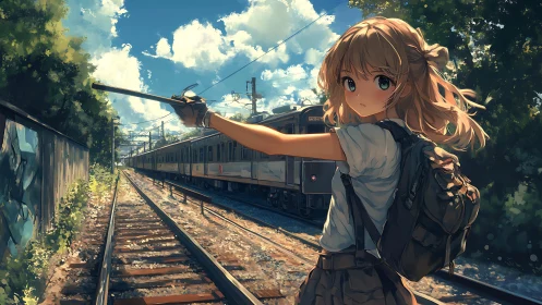 Girl halts a passing train on sunlit suburban tracks
